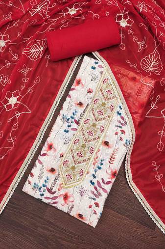 Women's off-white cambric cotton digital handwork unstitched dress material