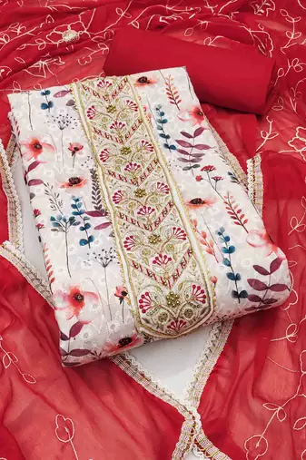 Women's off-white cambric cotton digital handwork unstitched dress material