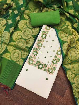 Women's off-white cotton embroidered unstitched dress material 1