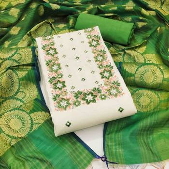Women's off-white cotton embroidered unstitched dress material 2
