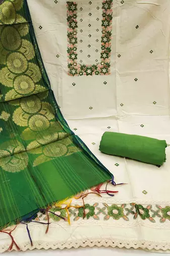 Women's off-white cotton embroidered unstitched dress material