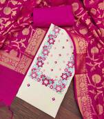 Women's off-white cotton embroidered unstitched dress material