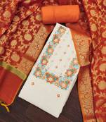 Women's off-white cotton embroidered unstitched dress material