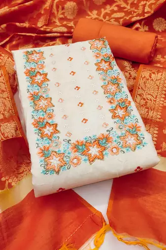 Women's off-white cotton embroidered unstitched dress material
