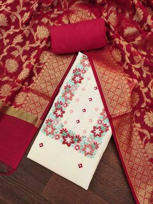 Women's off-white cotton embroidered unstitched dress material 1