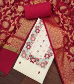 Women's off-white cotton embroidered unstitched dress material