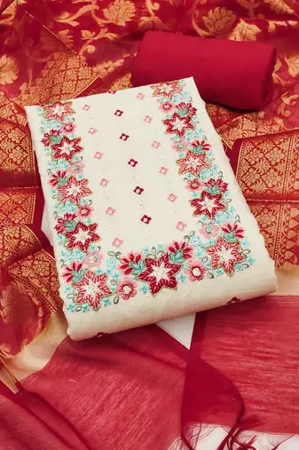 Women's off-white cotton embroidered unstitched dress material