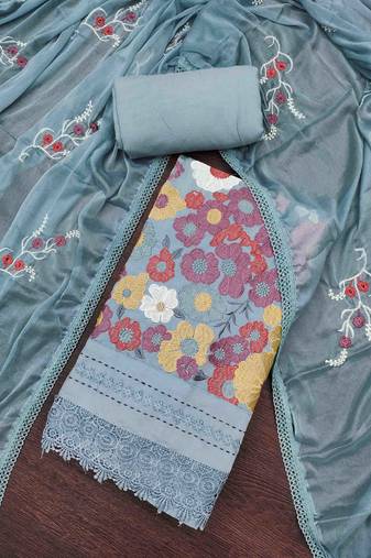 Women's greypremium roman cotton embroidered unstitched dress material