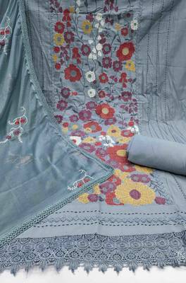 Women's greypremium roman cotton embroidered unstitched dress material 3