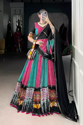 Rayon Bandhej Ajarakh Print Gamthi Lace Detailing Lehenga choli