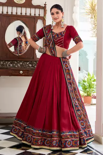 RED tussar Silk  Embossed Gamthi Print Lehenga choli