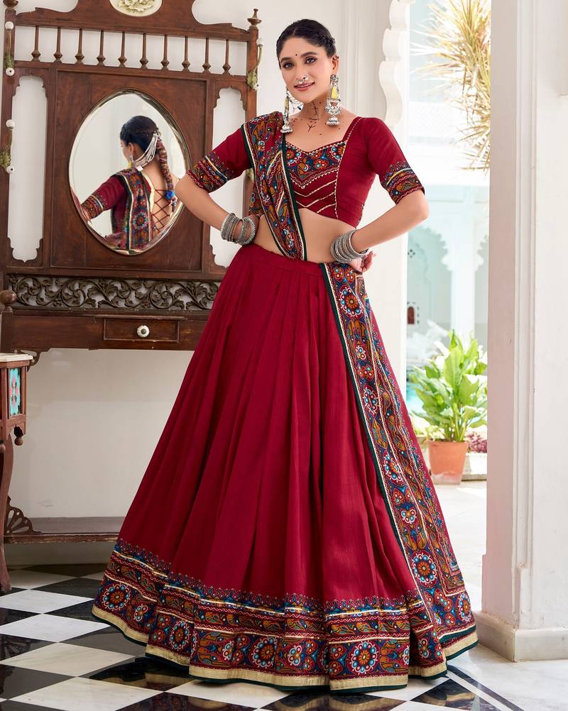RED tussar Silk  Embossed Gamthi Print Lehenga choli