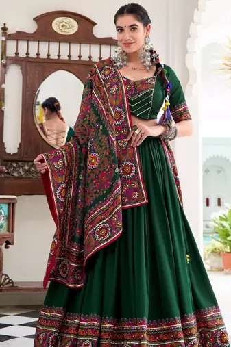 GREEN  tussar Silk Embossed Gamthi Print Lehenga choli