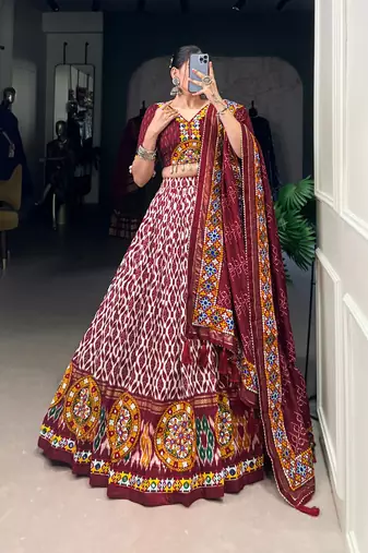 Maroon Tussar Silk Lehenga Choli with Ikkat Print and Mirror Work Dupatta