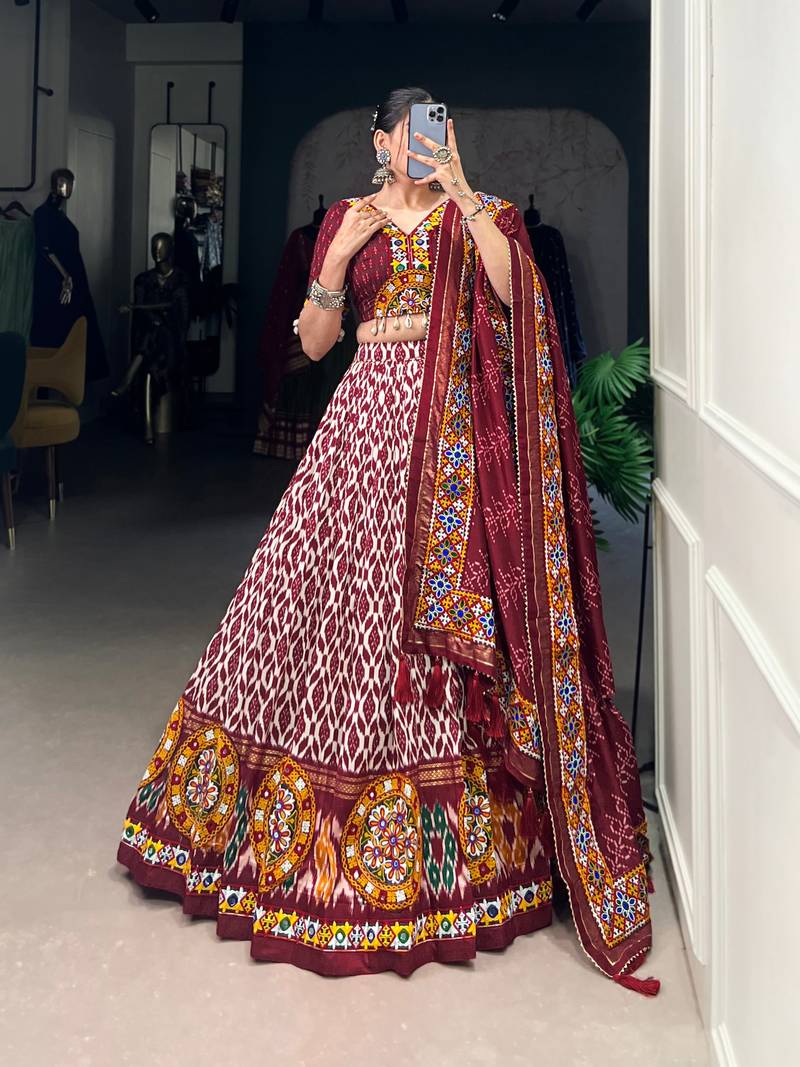Maroon Tussar Silk Lehenga Choli with Ikkat Print and Mirror Work Dupatta