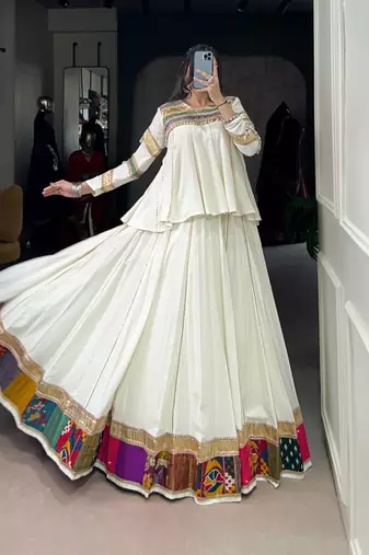 Lehenga in Rayon with Colorful Patched Borders and Gotta Patti Detailing 