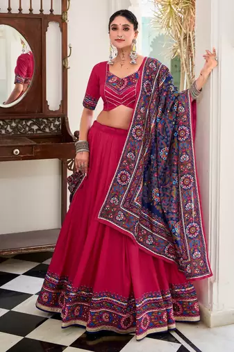 PINK tussar Silk  Embossed Gamthi Print Lehenga choli