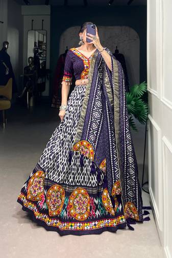 Navy BLUE Tussar Silk Lehenga Choli with Ikkat Print Mirror Work Dupatta