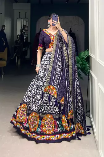 Navy BLUE Tussar Silk Lehenga Choli with Ikkat Print Mirror Work Dupatta