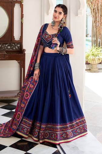 Navy blue tussar Silk Embossed Gamthi Print Lehenga choli