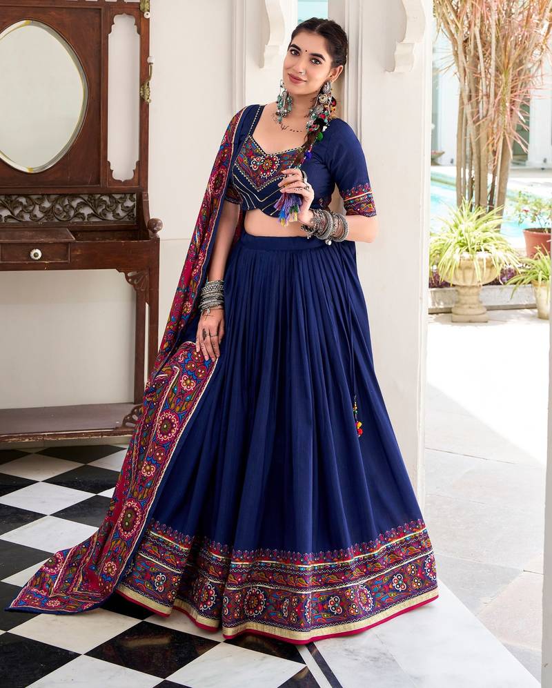 Navy blue tussar Silk Embossed Gamthi Print Lehenga choli