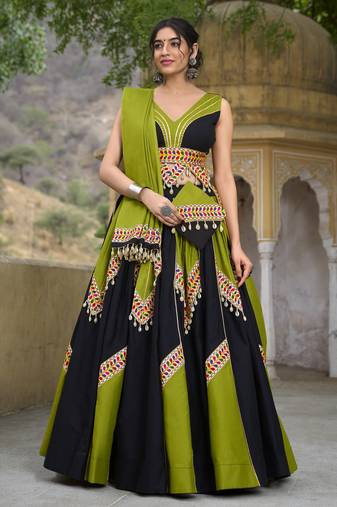 Ethnic Grace in Cotton Gamthi Work & Gota Patti Chaniya Choli with Cowrie Lace