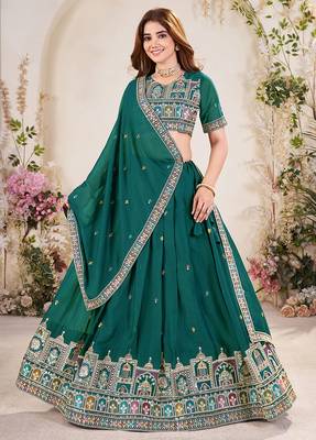 Glamorous Teal Green Sequins Embroidered georgette indian designer function wear lehenga dress 1