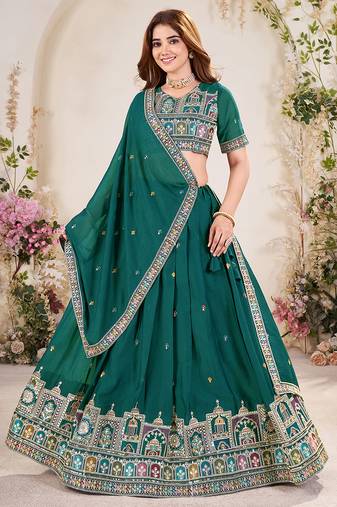 Glamorous Teal Green Sequins Embroidered georgette indian designer function wear lehenga dress