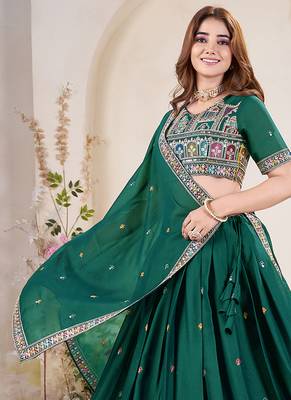 Glamorous Teal Green Sequins Embroidered georgette indian designer function wear lehenga dress 2