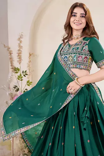 Glamorous Teal Green Sequins Embroidered georgette indian designer function wear lehenga dress