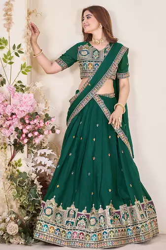 Glamorous Teal Green Sequins Embroidered georgette indian designer function wear lehenga dress