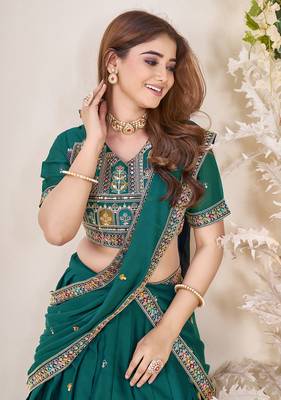 Glamorous Teal Green Sequins Embroidered georgette indian designer function wear lehenga dress 4