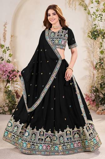 Glamorous Black Sequins Embroidered georgette indian designer wedding wear lehenga dress
