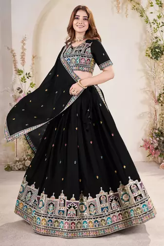 Glamorous Black Sequins Embroidered georgette indian designer wedding wear lehenga dress