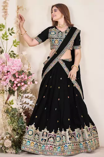 Glamorous Black Sequins Embroidered georgette indian designer wedding wear lehenga dress