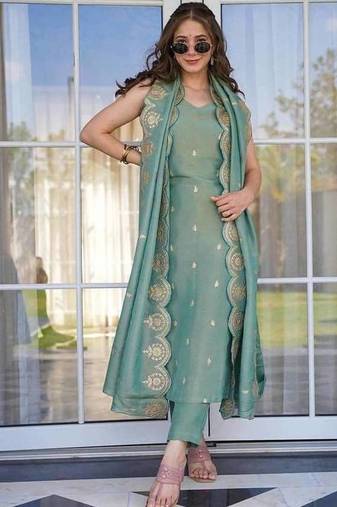 Women viscose zari chanderi fabric straight kurta, pant and dupatta set
