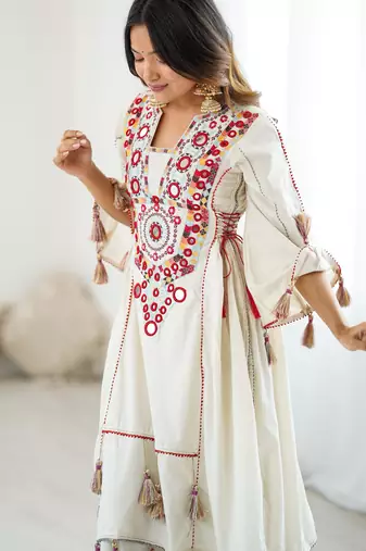 white kurta set with mirror work 