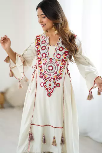 white kurta set with mirror work 