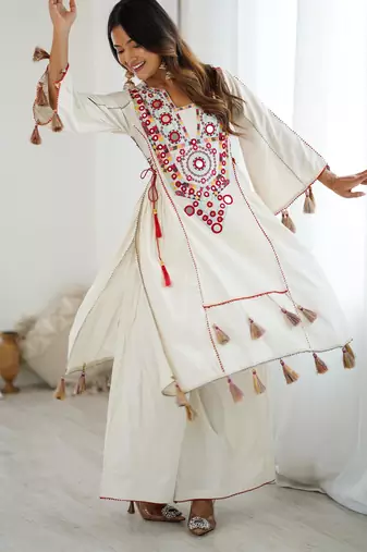 white kurta set with mirror work 