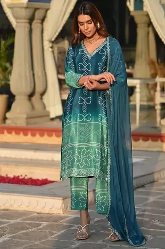 blue bandhani print kurta set
