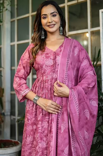 Blush pink floral printed cotton suit set