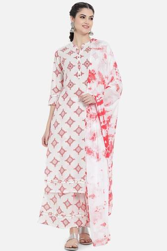 Elegant white floral printed kurta set with dupatta