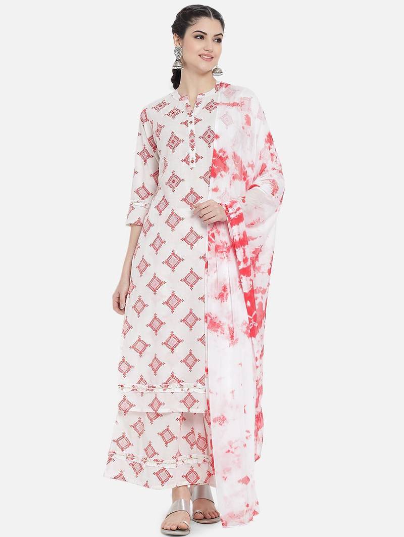 Elegant white floral printed kurta set with dupatta