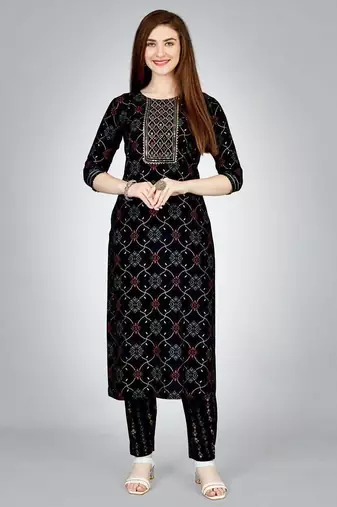 Elegant black printed kurta set with embroidered yoke