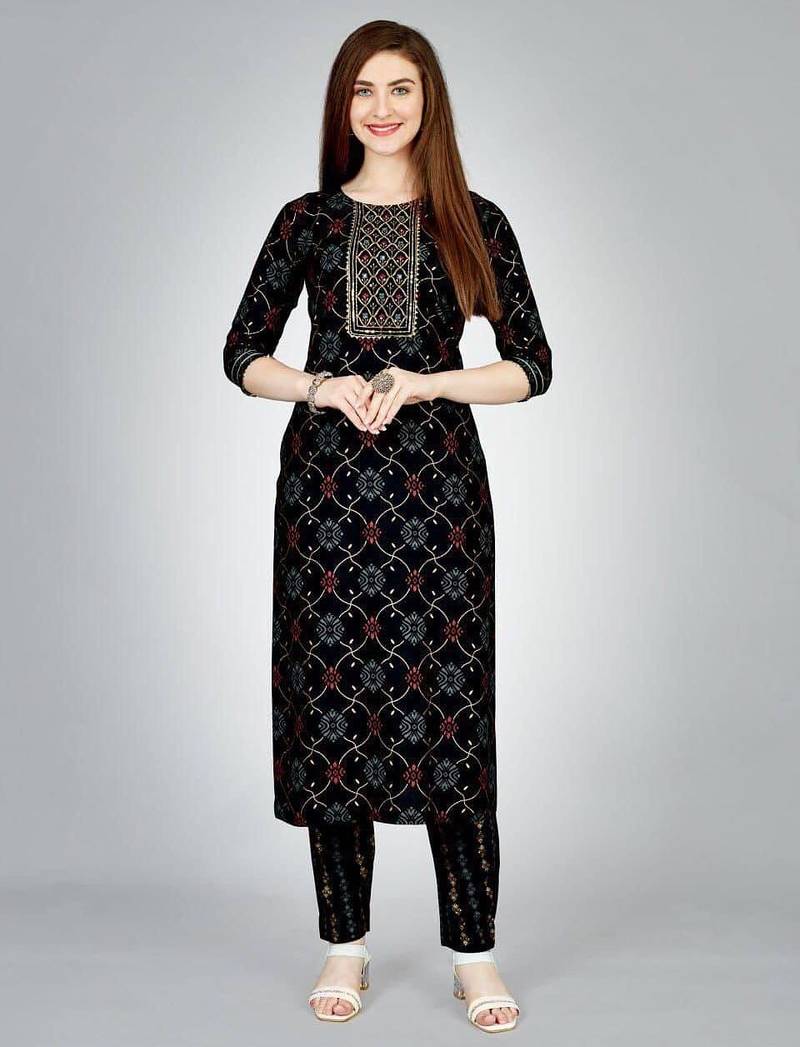 Elegant black printed kurta set with embroidered yoke