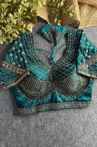 Green Italian Silk Codding Sequence Peacock Work Bridal Blouse alterable upto 42 size