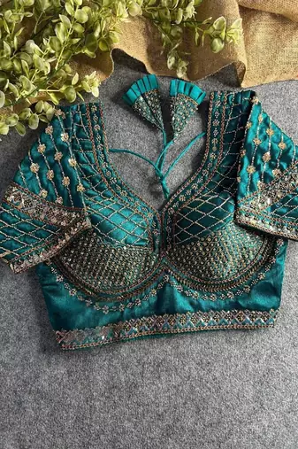 Green Italian Silk Codding Sequence Peacock Work Bridal Blouse alterable upto 42 size