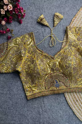 Yellow Color Mirror Work Gajji Silk Blouse alterable upto 42 size