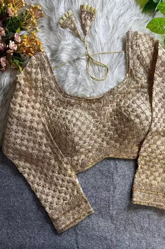 White Thread Work Deep Neck Embroidered Blouse alterable upto 42 size