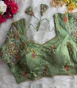 Pista Green Deep Neck Partywear Sequence Blouse alterable upto 42 size